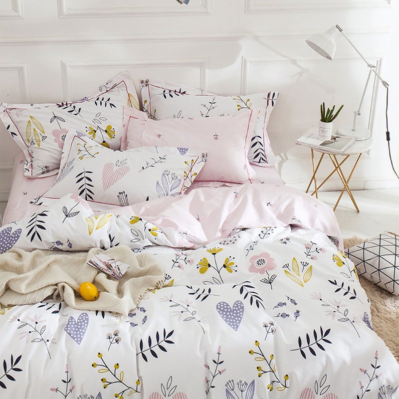 OTOB Twin Duvet Cover Set Cartoon Pink Floral Duvet Cover 100% Washed Cotton Aesthetic Bedding Sets Soft Colorful Comforter Cover Reversible Bedding for Women Kids Girls Teen - Image 2